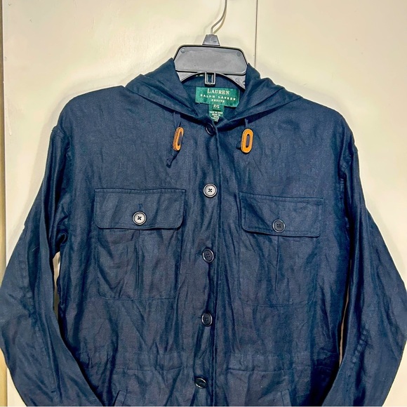 Lauren Ralph Lauren Dark Navy Blue 100% Linen Hooded Jacket Size Petite Small - Picture 2 of 11